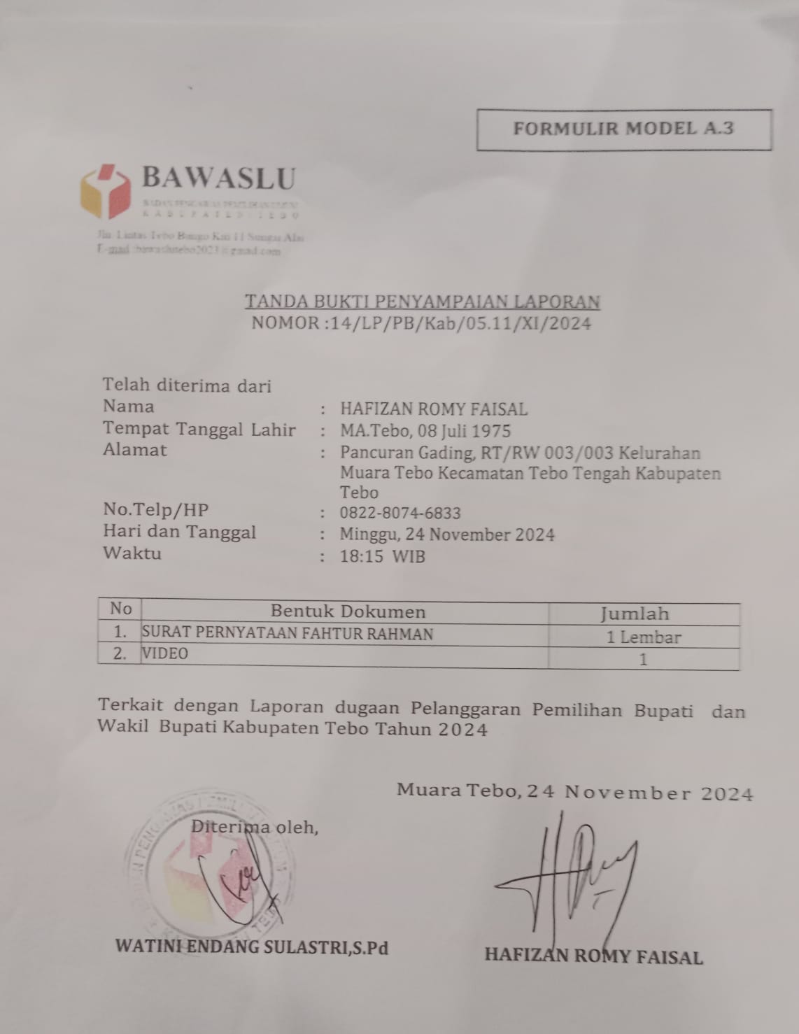 Cabup Tebo Agus Rubiyanto Dilaporkan Ke Bawaslu, Ada Apa